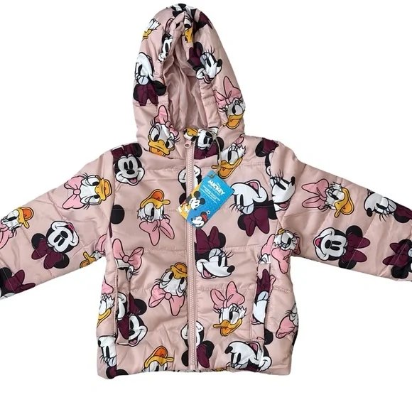 Disney Girls Minnie Mouse Daisy Duck Pink Hooded Winter Puffer Jacket Toddler 3T - Picture 3 of 16